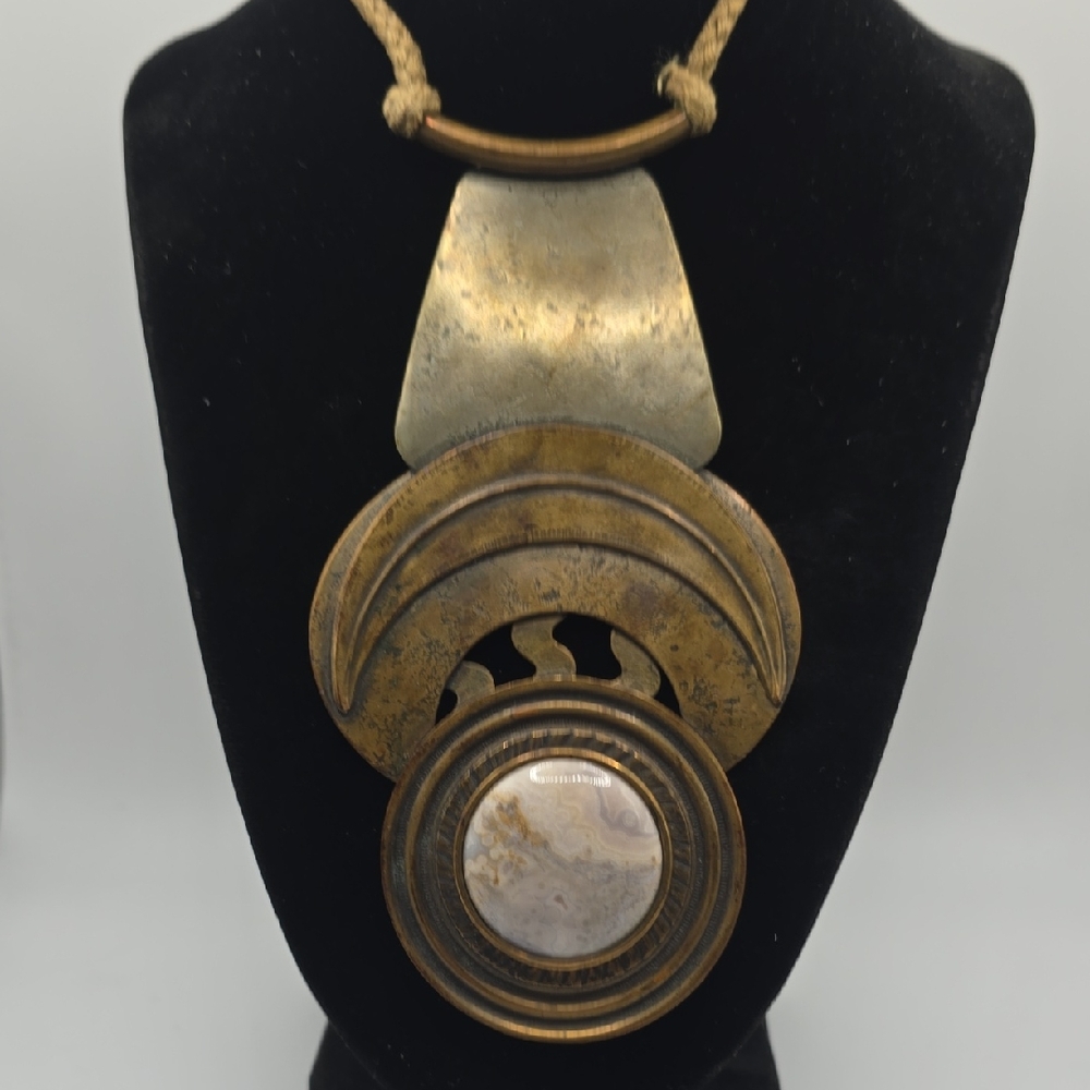 Vintage MCM Marjorie Baer Stone Metalwork Pendant Cord Statement Necklace